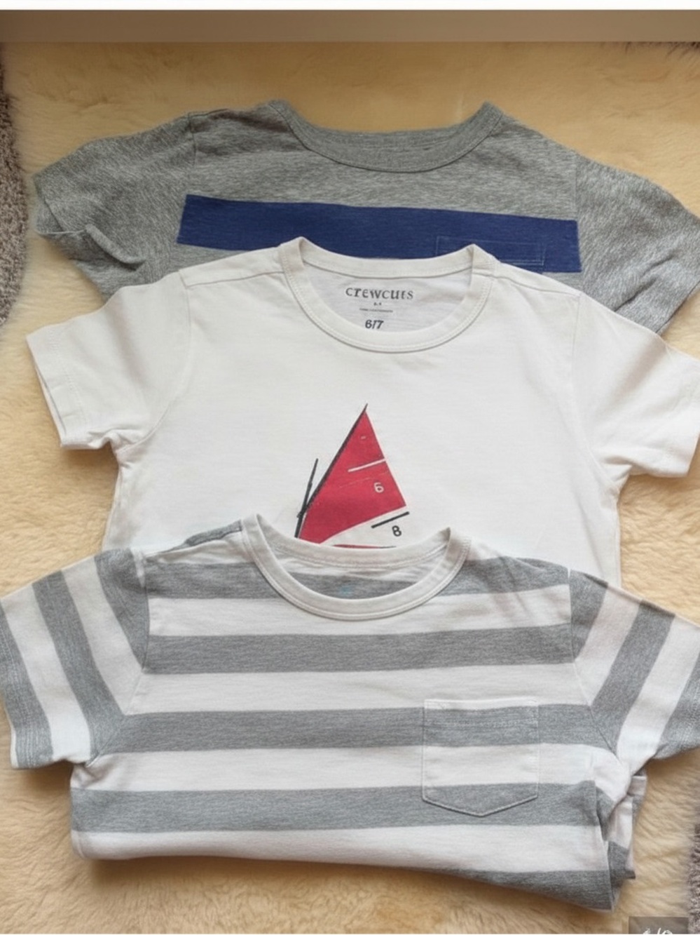 3 Crewcuts Boys' White Sailboat, Grey Stripes, Blue Stripes Size 6-7